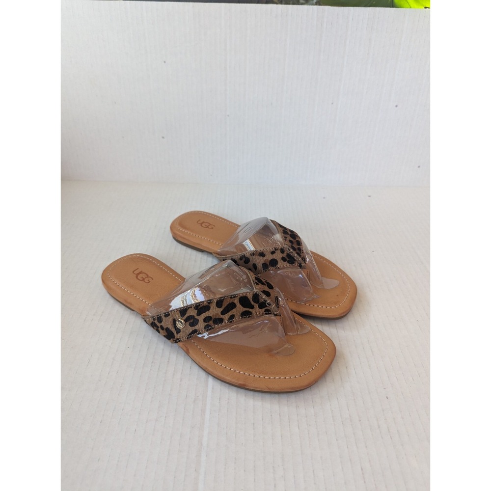 UGG Women's 6.5 Leather Tuolumne Real Cow Fur Thong Sandals Tan Brown Print New